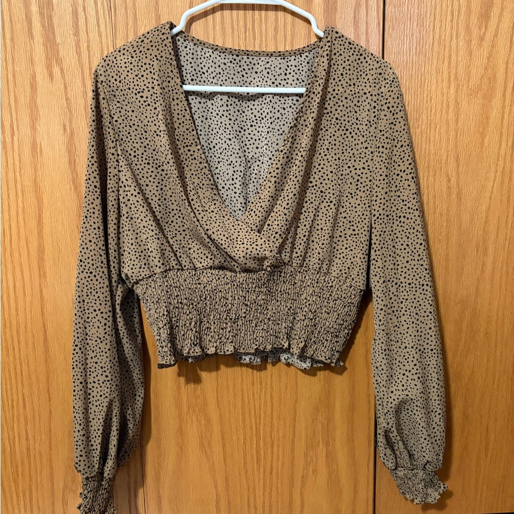 SHEIN Tan & Black Polka Dot Cropped Blouse